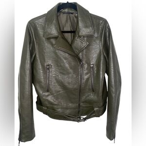 T TAHARI Olive Green Moto Jacket Faux Leather M NWT